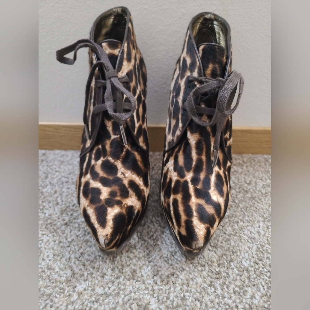 Lanvin Platform Stiletto Leopard Print Leather Calf Hair Ankle Boots Booties - Picture 3 of 8